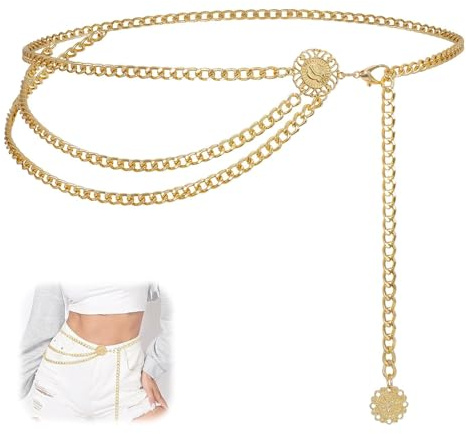 AzureRay Ceinture Dorée Chaîne Multicouche pour Femmes, Taille Ventre Réglable Ceinture Chaine Dorée Élégante pour Jeans & Robes, Style Western Cowgirl