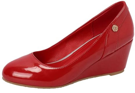 Jamron Femme Cuir Verni Bout Rond Escarpins Compensés Élégant Chaussures Habillées Rouge SN0703455 EU35