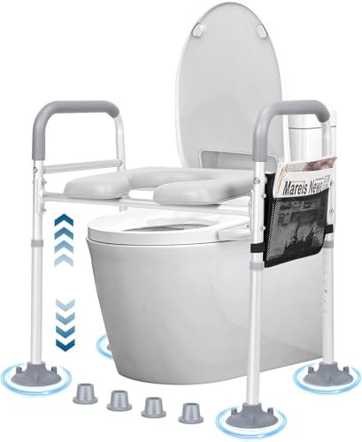 Elevador de Inodoro Ajustable con Reposabrazos, 50-60cm Ancho, 74-86cm Alto, Marco de Aluminio con Portaobjetos, Blanco