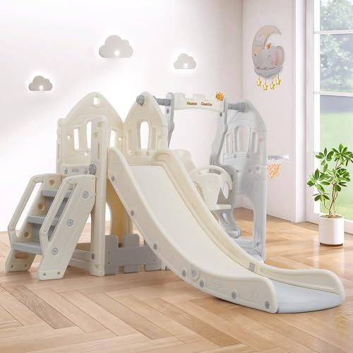 Merax Ensemble de toboggan 5 en 1 pour enfants, aire de jeux, toboggan de jardin avec toboggan, escalade, espace de rangement, balançoire, cadre de basket, balançoire, toboggan pour l'intérieur et