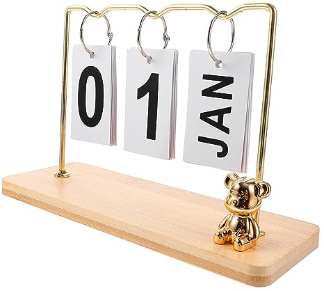 Uonlytech Calendrier de bureau à rabat en bois - Calendrier de table manuel réutilisable avec anneau à bobine - Design rustique - Compact pour le bureau - Affichage pratique de la date et décoratif