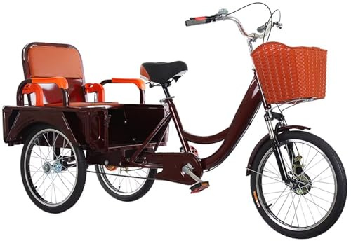 Triciclo de pedales con horquilla amortiguadora, triciclo tándem con asiento trasero plegable para adultos mayores, freno sensible, bicicletas de crucero, bicicleta de 3 ruedas para carga y pasajeros