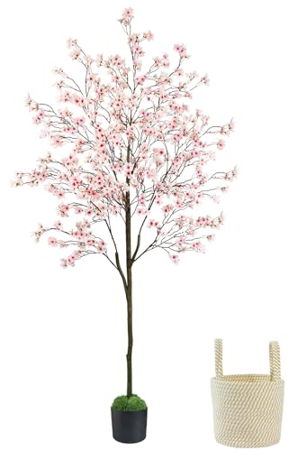 Caxchiling 6FT Cherry Bloosom Tree for Indoor Outdoor, Artificial Pink Flower Tree with Basket and Moss Topper, Faux Floor Plants for Home Office Living Room Bedroom Doorway Hallway, Spring Decor