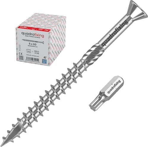 QUADROFIX C2 – Viti per terrazze in acciaio inox Torx T25 | 1000 pezzi con bit | per terrazze in legno, facciate e rivestimenti, viti rivestite in cera per un facile montaggio (5 x 65)