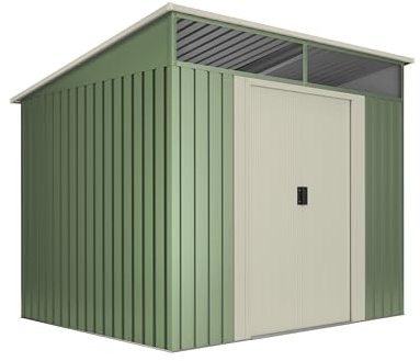 Wasabi Caseta Metálica de Jardín 4,60m2 Stark – Tragaluz de Policarbonato – Verde y Beige - Puerta Corredera Doble – Techo Inclinado - Cobertizo de Metal Almacenaje Exterior