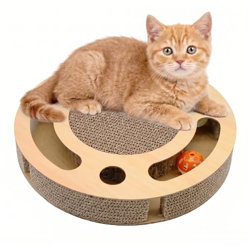 Cat Scratcher, 2 in 1 Round Cats Scratching Board, Bell Balls, Cardboard | High Density Corrugate Scratch Board, Durable Scratchers Pad Bed Toy, Cat Toy for Indoor Cats (33×33×5 cm)