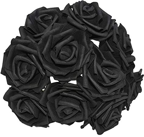 Yalulu 50 Stück 8CM Foamrosen Schaumrosen Blumenköpfe Schaumköpfe Künstliche Kunstblumen Rosen Rosenköpfe Brautstrauß Party Hause Deko (Schwarz)