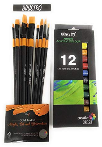 BRUSTRO Artist's Acrylic Colour | Set of 12 Colours X 12ml Tubes with Artists Gold TAKLON Brushes - Set of 10 | Ideal for Non-Craking Paint for Canvas, Wood,Leather,Portrait