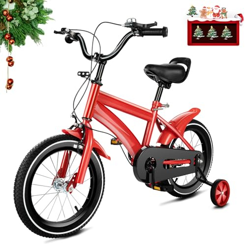WSIKGHU Children's Bicycle 14 Inch Kids Bike Beginner Cycling with Training Wheel Scarbon Steel Children's Bike Height Adjustable Kid Bicycle with Fenders for Kids 3-7 Years Old (Red)