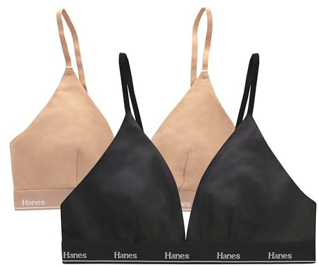 Hanes Women's Originals Triangle Bralette Pack, Breathable Stretch Cotton Bras, 2-Pack, Opaque, Black/Deep Glow, M (Pack of 2)