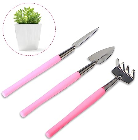 LuckyOpt Lot de 3 outils de jardinage en acier inoxydable - Pelle râteau - Mini outils à main de jardin pour plantes grasses en pot - Outil de jardinage à la main pour jardiniers