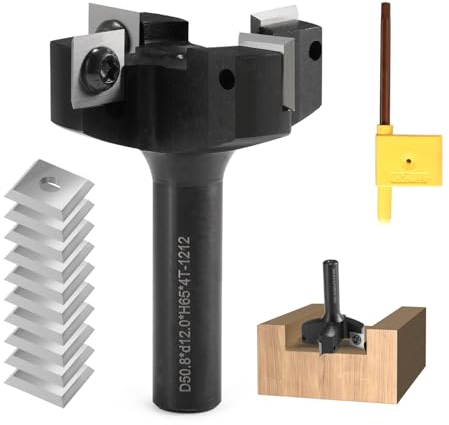 Trvoxviq Fraise à plan, tige 12 mm, 4 flûtes, avec 10 lames en carbure interchangeables (12 x 12 x 1,5 mm), diamètre 50,8 mm, fraise à disque CNC pour défonceuse, travail du bois (D=50,8 S = 12)