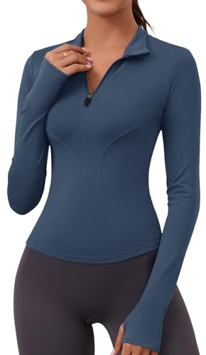 Rapbin T-Shirts de Sport Femme à Manche Longues Tops 1/4 Fermeture Éclair Fitness Running Yoga Tee Shirt avec Trou pour Le Pouce