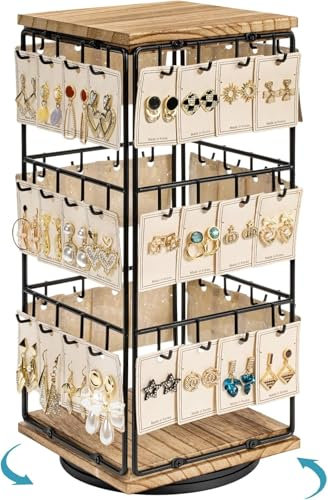 Emfogoo 360° Drehbare Ohrringe Aufbewahrung mit 48 Haken, Holz Schmuck-Display für Verkäufer, Schmuckständer-Organizer für Ohrstecker Ohrringe & Armbänder, Geschenk für Frauen (Rustikal Braun)