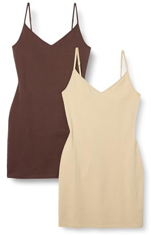 Amazon Essentials Vestido Lencero de Algodón Ajustado para Superponer Mujer, Pack de 2, Camel Claro/Marrón, M