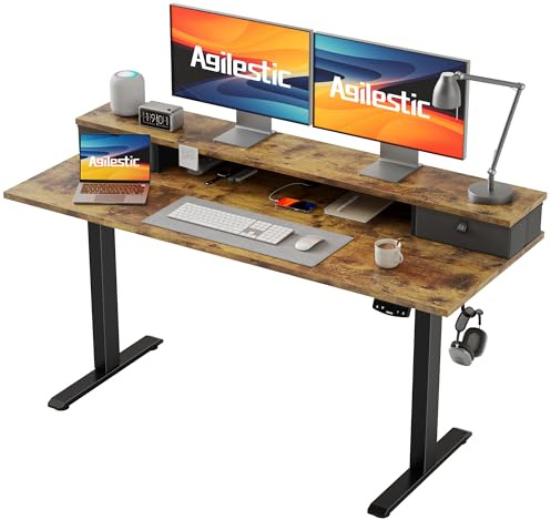 Agilestic Electric Adjustable Height Desk, with 2 Fabric Drawers, 140x60cm | 72-116cm Height, Stable Sit-Stand Standing Desk w. 2 Memory Buttons, Computer Desk for Home Office, 2 pcs Desktops, Brown