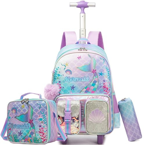 HTgroce 3 in 1 School Trolley Backpack for Elementary Girl – with Wheels and First Girl, a-mermaid