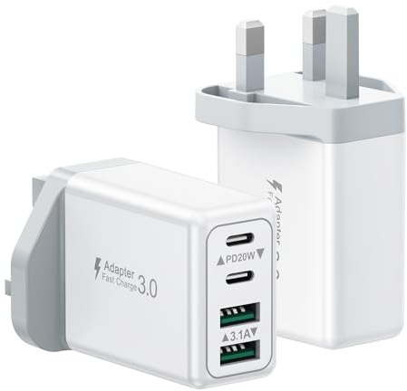 USB C Plug Fast Charge, 2-Pack 40W 4-Port Fast Charger Plug UK, Dual USBC Power Adapter+ QC Wall Plug, Mutil Mains Type C Charging Plug for iPhone 17 16 15 14 13 12 11 Pro Max Plus, Samsung, iPad