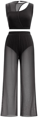 FYMNSI Costume de danse lyrique moderne pour femme - Vêtement de danse classique - Sans manches - Ventre nu - Pantalon large