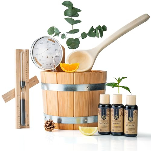 Liebenstein® Sauna Set - 4 teiliges Komplettset – Enthält Sauna Eimer mit Kelle [5L], Saunaaufguss Set (3 Düfte), Sauna Sanduhr und Sauna Hygrometer/Thermometer - Dein hochwertiges Sauna Zubehör Set