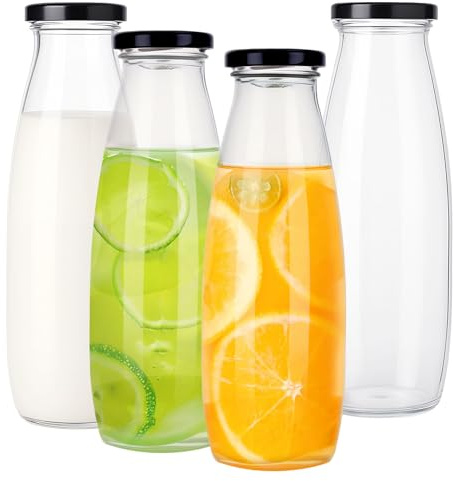 saerryor 4 Pcs 500ml Glass Milk Bottles with Lids, Glass Bottles Reusable Milk Containers for Juice,Sauces,Beverages,Hot Cold Drinks
