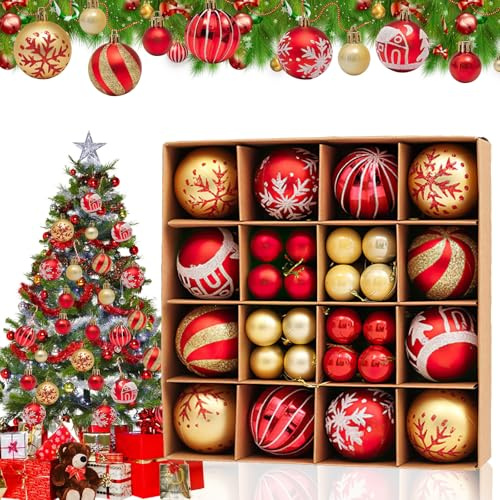 WAIZHIUA Bolas de Navidad, 44 piezas de bolas para árbol de Navidad, 6 cm y 3 cm de adornos para árbol de Navidad, bola de Navidad con paquete de regalo, bolas de árbol de Navidad, decoración temática