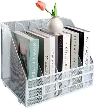 HMXLJJY Revistero de malla metálica A4, soporte de 5 secciones, soporte de documentos de oficina para escritorio, organizador de papel, 5 compartimentos, color blanco