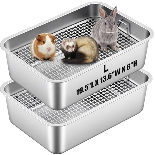 Maxcheck 2 Pcs Large Rabbit Litter Box, Stainless Steel Rabbit Litter Pan with 2 Raised Grid, High Back Wall Bunny Toilet Tray Potty Training Pan for Ferret Bunny Guinea Pig(L 19.5L x 13.6W x 6H)
