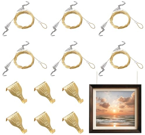 UFURMATE Lot de 6 kits de suspension de photos avec crochets, kit de suspension réglable en laiton avec corde métallique professionnelle pour exposition murale (1,5 m, or + argent)