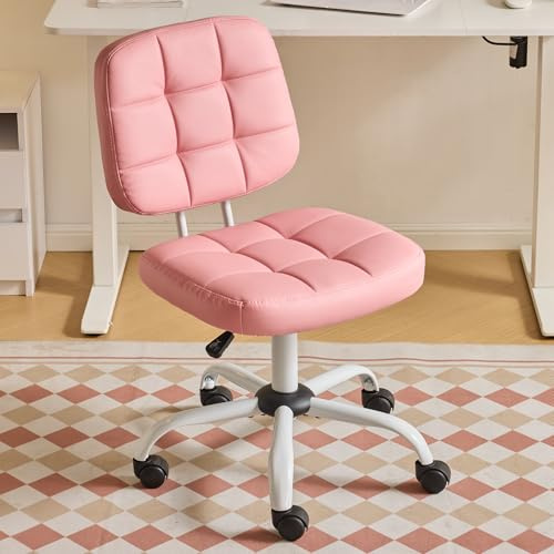 Bonnlo Armless Office Swivel Computer Desk Chair with Wheels, Height Adjustable Vanity Chair without Armrest, Dressing Table Stool for Small Space, Bedroom, PU Leather, Pink