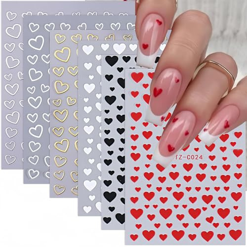 Adesivi per Unghie a Forma di Cuore Stickers Unghie Nail Art, 6 Fogli San Valentino Adesivi Unghie Cuori Nail Stickers Fai da Te, Autoadesivi Decorazioni Unghie Nail Art Decalcomanie
