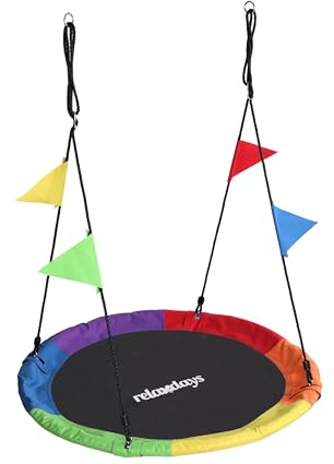 Relaxdays Altalena Nido sospesa Rotonda con bandierine Bimbi Regolabile Esterno Ø120 cm Max 100 kg