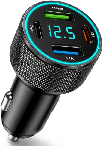 67,5W Cargador Movil Coche, Cargador Carga Rapida 4 Puertos con USB C PD 30W y USB A QC 22,5W, 12V/24V Adaptador Coche Mechero Tipo-C con Pantalla LED de Voltaje para Móvil, Tablet y GPS