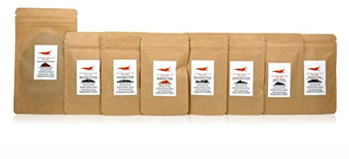 GARNELEN4YOU® FeedLine Samples – Probeset Premium Garnelenfutter – 8 pflanzliche Futtersorten für Garnelen, Krebse & Schnecken – nachhaltige Verpackung – Made in Germany – 75 g