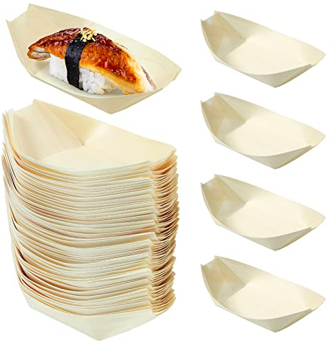 Cabilock 100PCS Wooden Sushi Serving Tray Plate Japanese Sashimi Dishes Food Container Take Out Trays for Restaurant Home Weddings Parties 14cmx8cm
