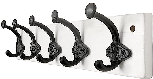 WEBI Rustic Coat Rack Wall Mount,5 Cast Iron Hooks,Coat Hooks Wall Mounted,Heavy Duty Antique Vintage Hooks for Hanging Coats,Jacket,Clothes,Black on White