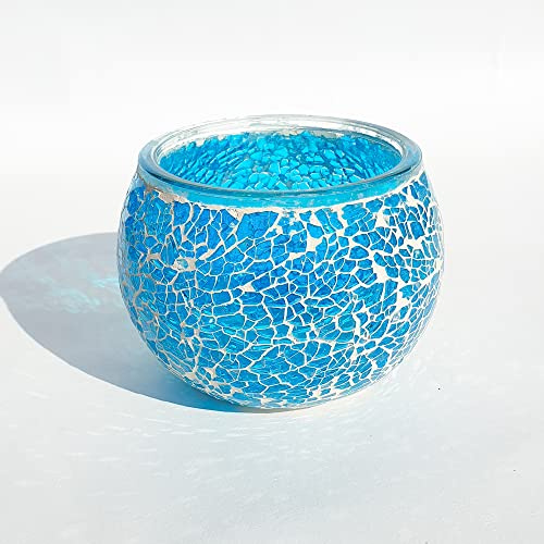 Mosaic Glass Candle Holder Vintage Jar Tealight Holders, Home Decoration with upto 8 Hour Burn Tea Light Candles (Blue Crackle)