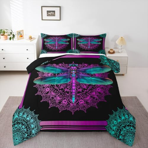 Erosebridal Blue Dragonfly Comforter Twin Boho Animal Bedding Set, Chic Purple Mandala Down Comforter Hippie Floral Flower Bed Set, Black Blue Purple Neon Quilted Duvet for All Seasons Breathable