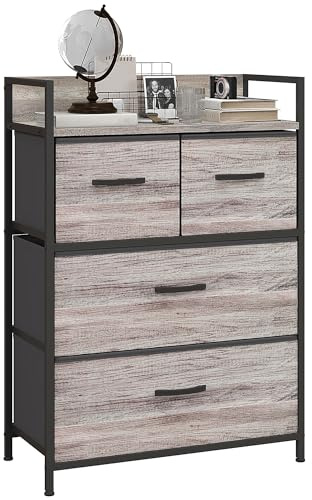HOMCOM Chest of Drawers, Bedroom Fabric Dresser with 4 Drawers, Storage Organiser Unit with Open Shelf and Metal Frame for Living Room, Entryway, Grey Wood Effect