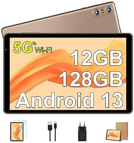SEBBE Tablet 10 Pulgadas PC 12GB RAM + 128GB ROM/TF 1TB Octa-Core 2.0 GHz, | 5G WiFi | Bluetooth 5.0 | 1280 * 800 Pixels | 6000mAh | 5MP+8MP, Tablet con Funda Oro