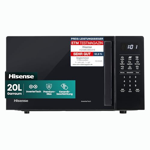 Hisense H20MOBS4HI Mikrowelle /20 L /700W /InverterTech/Keramikbeschichtung/Maßgeschneidert, Mehrphasiges Kochen/Auftaufunktion/Auto-Programm/Eco mode/10 Leistungsstufen/Kindersicherung/Schwarz