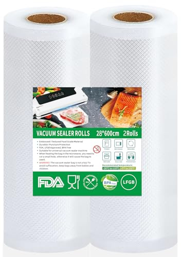 vakuumpåse mat 2 rullar vakuumpåsar, 28 x 600 cm vakuumfolie, BPA-fri, slitstark, 150 µm, vakuumfolierulle för alla vakuumförpackare, mikrovågsugnar, sous vide fryspåse