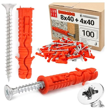 Lot de 100 chevilles 8 x 40 mm avec vis 4 x 40 mm – Chevilles à percussion et chevilles universelles pour béton, brique, blocs creux, kit de chevilles avec vis à tête fraisée Lun Fix