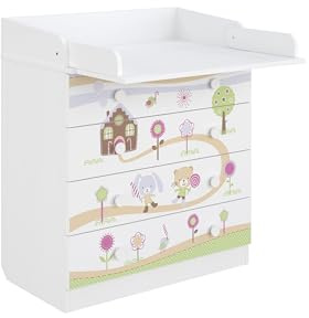 Shefa Kids Commode à langer blanche, maison en pain d'épice – 4 tiroirs, avec table pliante et commode pour chambre d'enfant, chambre de bébé, table à langer ergonomique