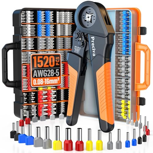 Preciva Pince à Sertir avec 1520pcs Cosses Electriques (520 Double Embouts) et Boîte à Outils, 0.08-16mm² Pince Cliquet Réglable pour Cosses Isolées/Non isolées, Usage Industriel & Domestique