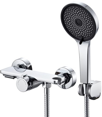 Auralum Conjunto de Grifo de Bañera y Ducha con Cascada, Mezclador Monomando de Latón con Estante de Almacenamiento, Alcachofa de Mano 5 Modos y Manguera 1.5m, Sistema de Ducha de Pared, Cromo