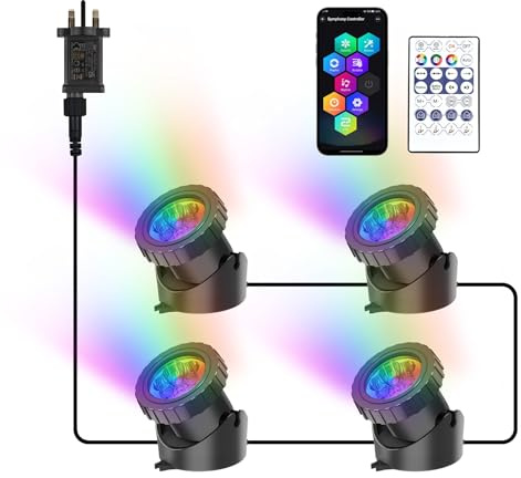 NATPOW Pond Lights Mains Powered, Underwater Lights Colour Changing, IP68 Waterproof Timer RGB Aquarium Spot Lights with APP/Remote Control, Submersible Light for Fish Tank Garden Yard Pool 4-in-1