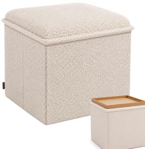RIOGOM Puff Almacenaje, Banco de Almacenamiento Plegable, Cuadrado, Mesa de Madera Reversible, Taburete Reposapiés, Reposapies Sofa, Taburete almacenaje, 38 x 38 x 39 cm (Beige Borrego)
