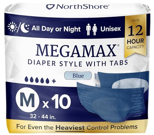 NorthShore MegaMax HBL - Pañales para adultos de 12 horas para fugas pesadas de vejiga, tamaño mediano, 10 unidades, azul, 32-44 pulgadas, ropa interior de incontinencia estilo pestaña para hombres
