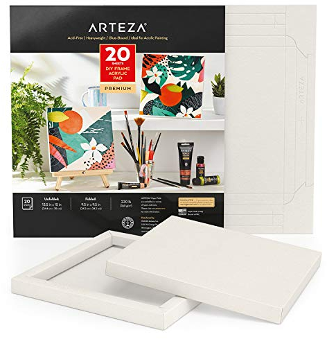 Arteza Faltbarer Acrylmalblock, DIY-Rahmen 24.2 x 24.2 cm, 20 Blatt, schweres Acrylpapier, 360 g/m², säurefrei, Art Block für Malerei und Kunst mit Mischtechniken